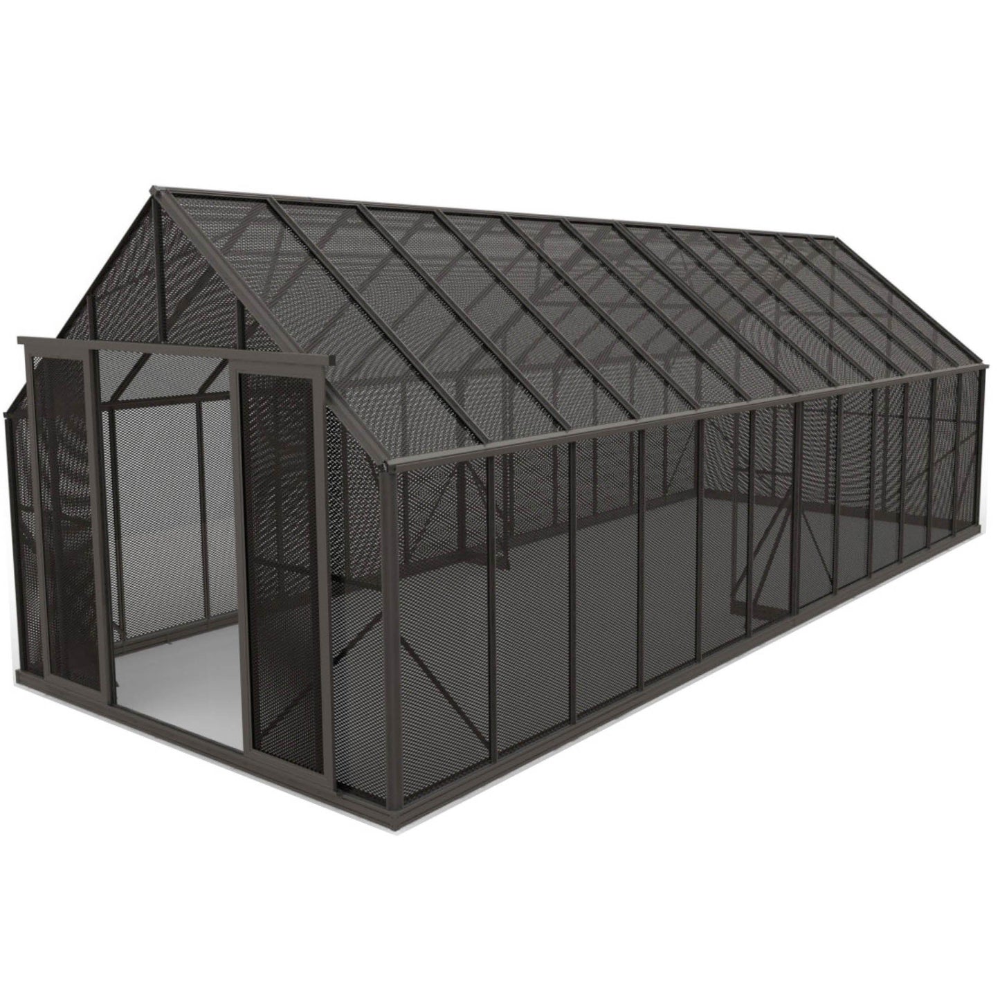 Large black metal mesh enclosed outdoor aviary with pitched roof and open door