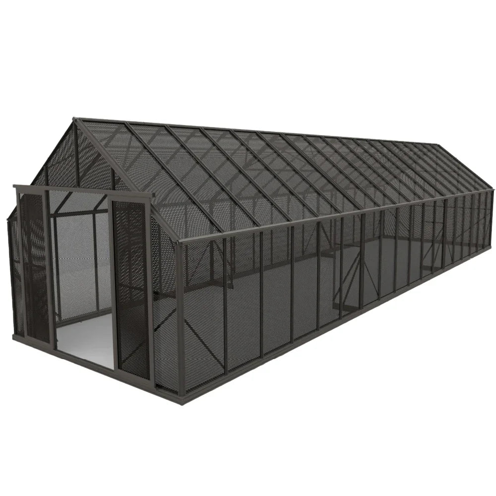Large black metal mesh shade structure with gable roof and sliding doors