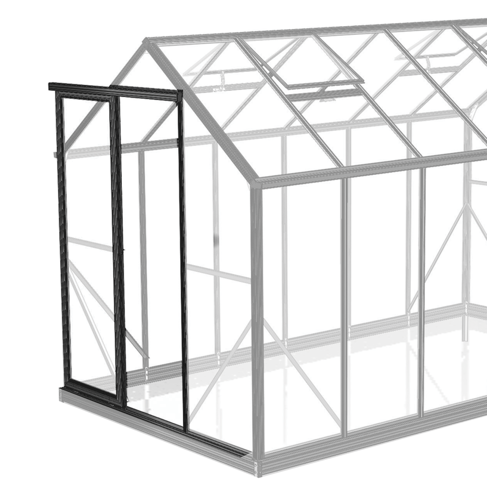 6ft black sliding doors installed on a transparent greenhouse metal frame structure