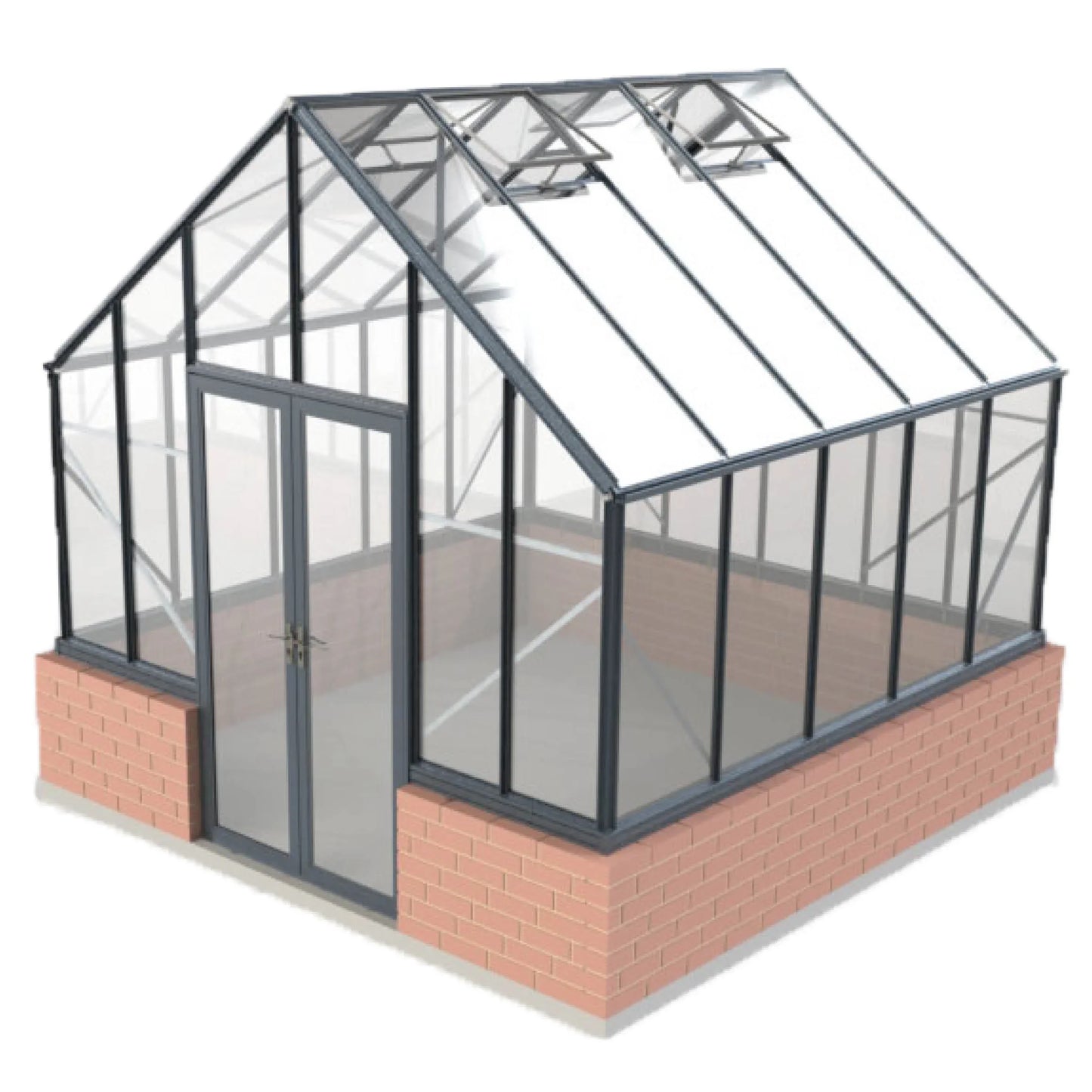 10x10ft Elite glass greenhouse with brick base, grey metal frame, and double front doors