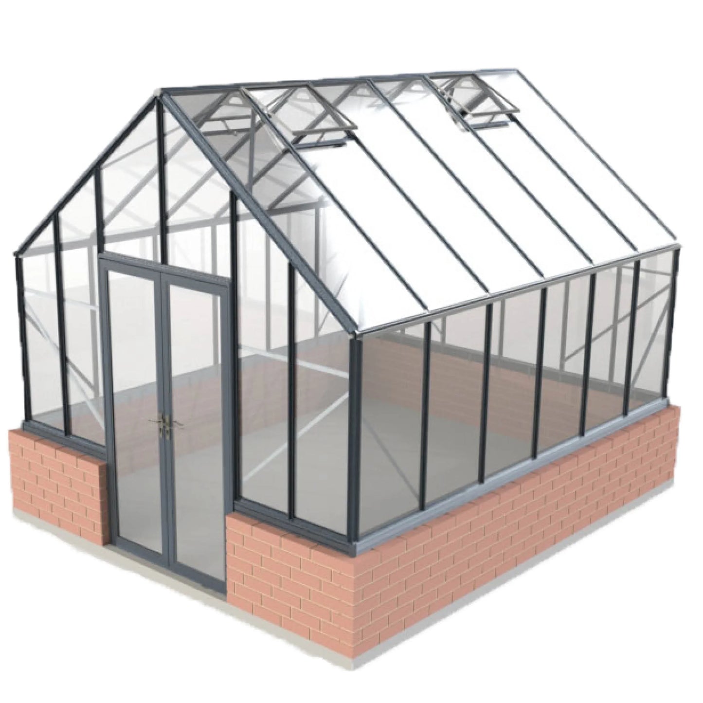 10x12ft Elite glass greenhouse with black metal frame and brick base