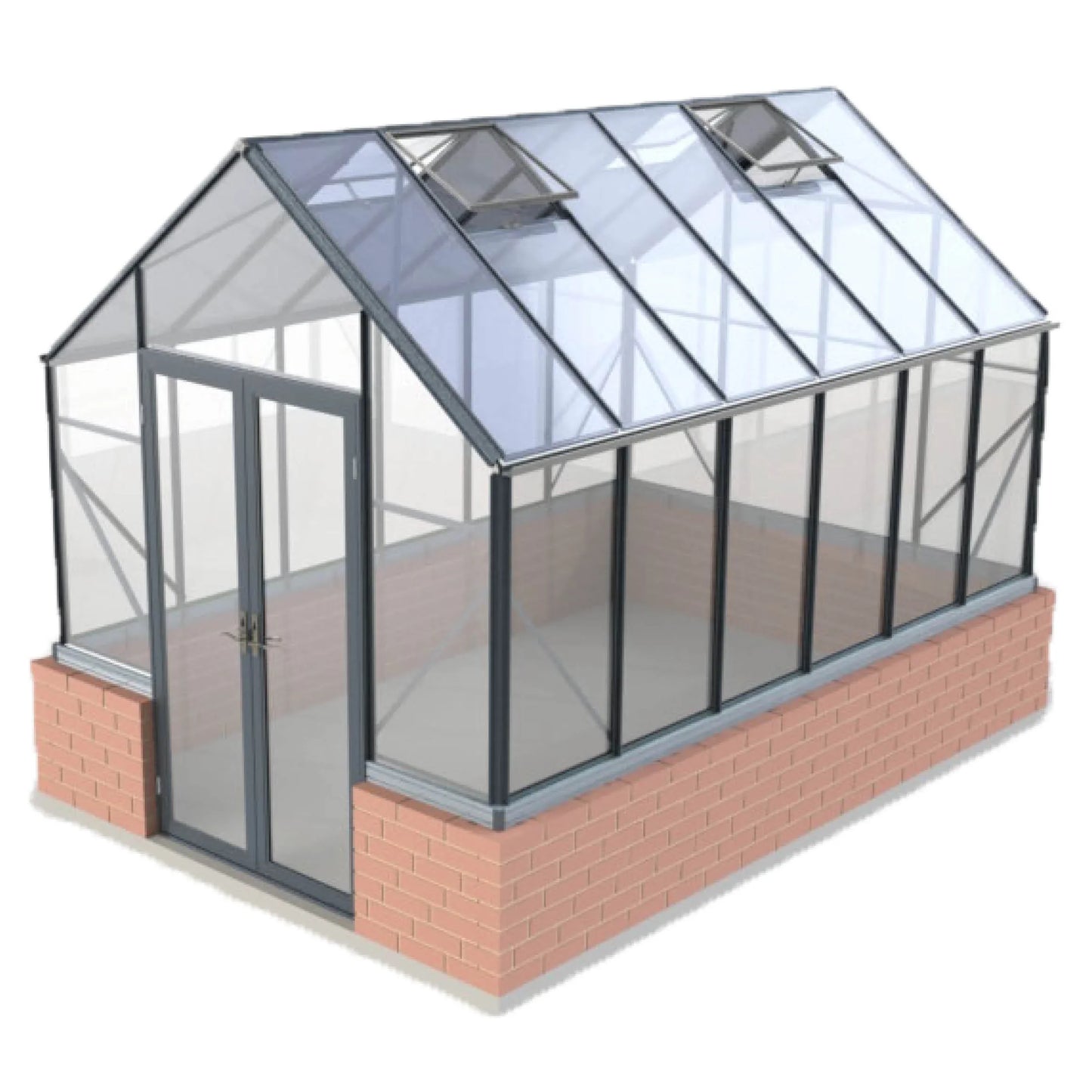 8x12 ft aluminum frame greenhouse with brick base, glass panels, and dual roof vents
