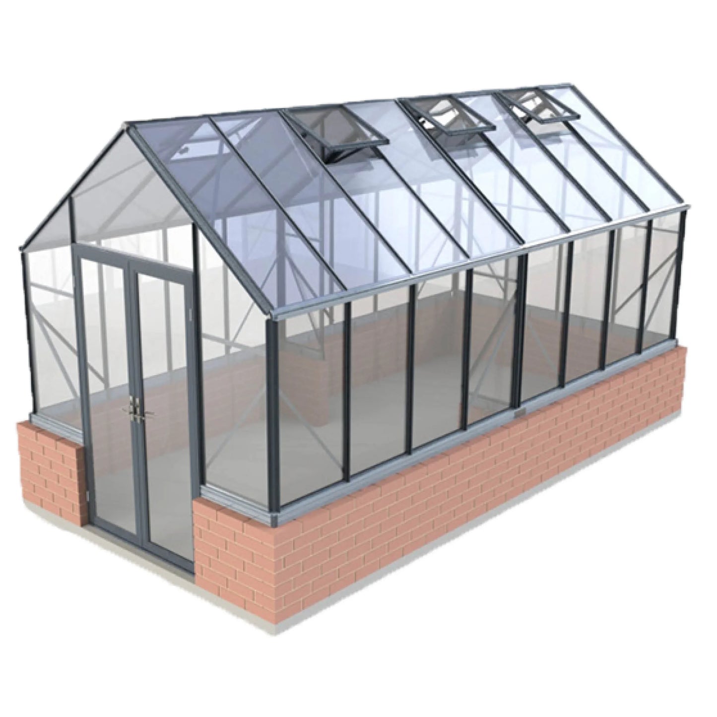 8x16ft Elite glass greenhouse with brick base and double door entrance