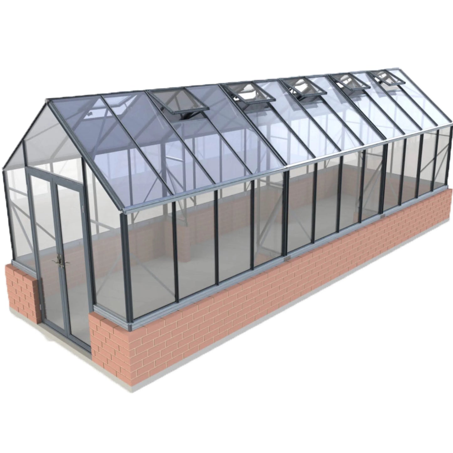 8x24ft Elite greenhouse with glass panels and brick base, featuring ventilation windows and double door