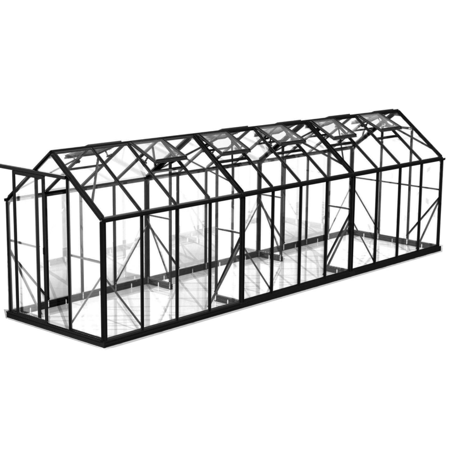 Large black trimmed glass greenhouse frame with open vents and double door on white background