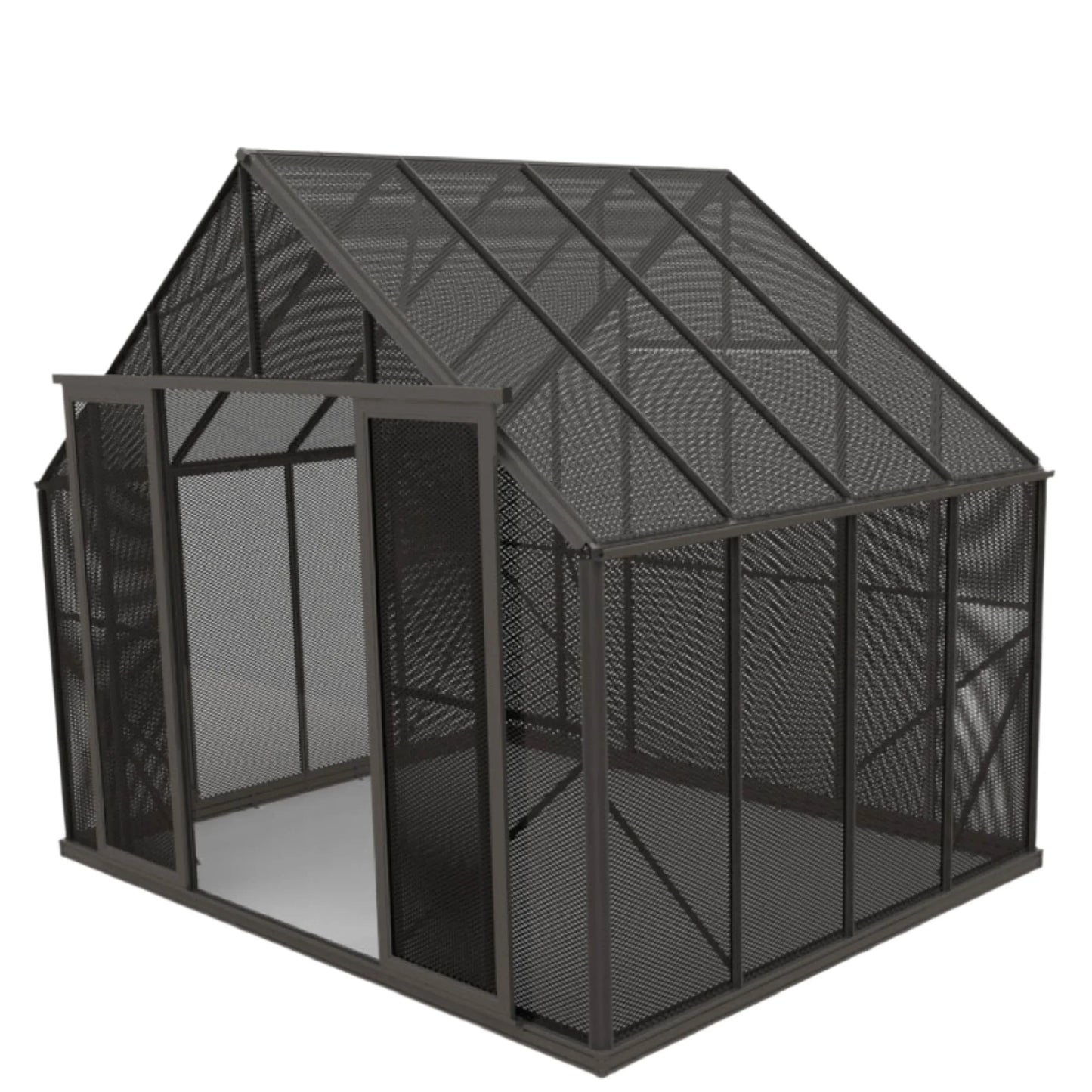 10x8ft black metal mesh shade house with pitched roof and open door
