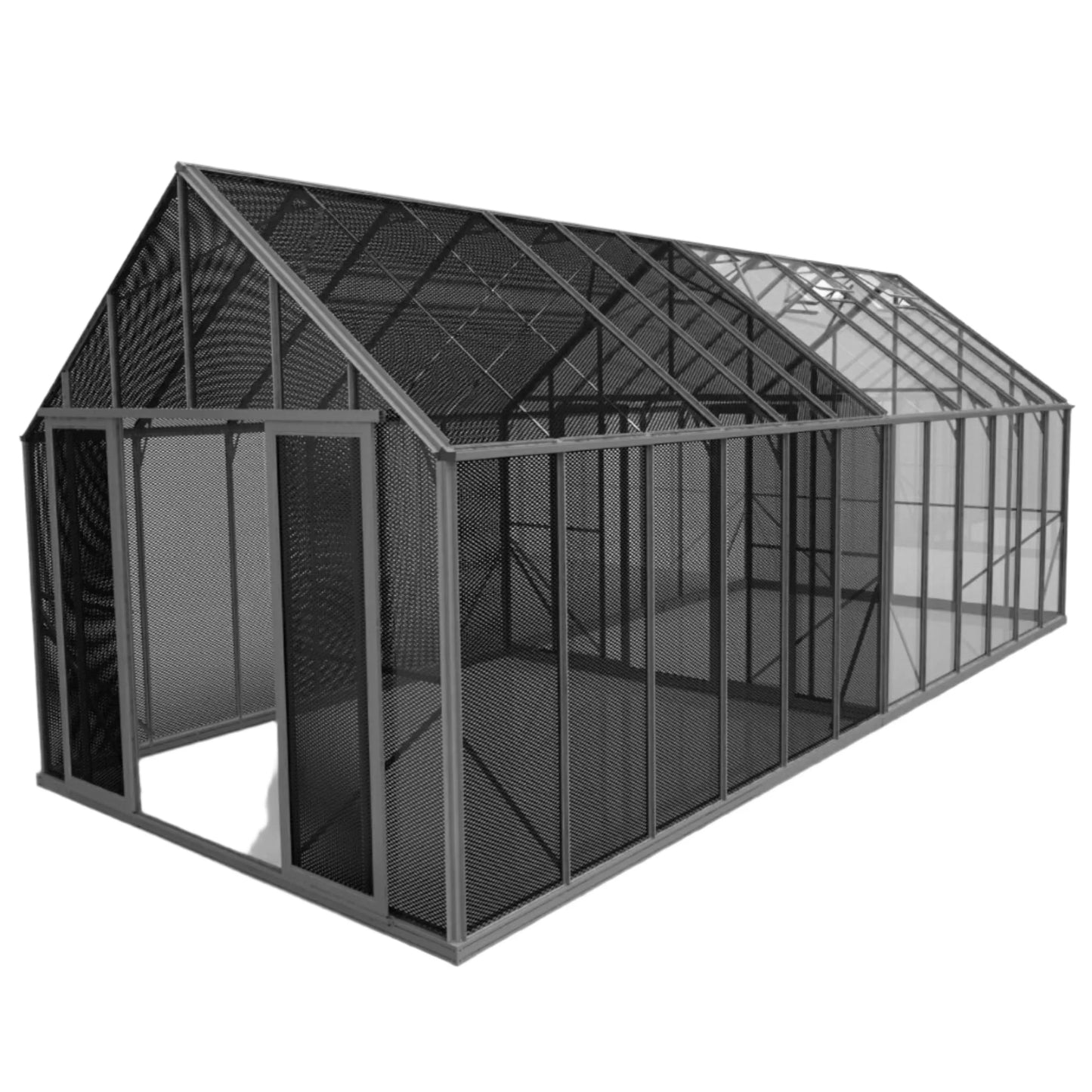 Large multi-zone outdoor enclosure with black mesh on metal frame and transparent roof