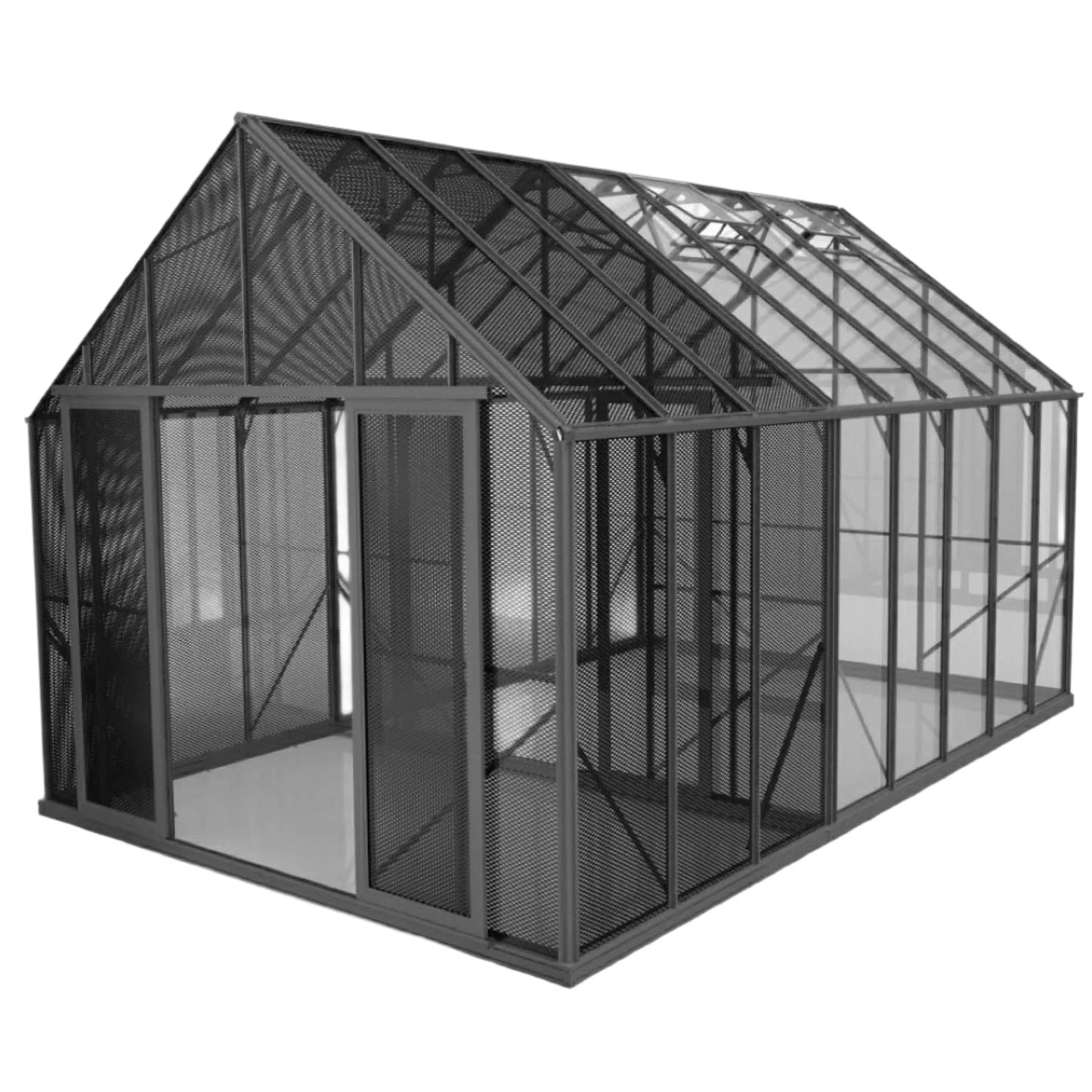 10ft multi-zone greenhouse with dark mesh and clear panels, metal frame structure