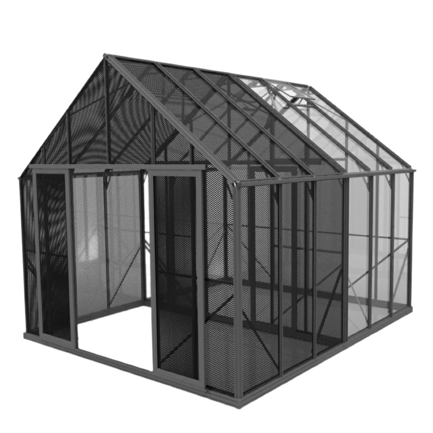 10ft metal-frame greenhouse with multi-zone mesh and clear panels, open mesh door