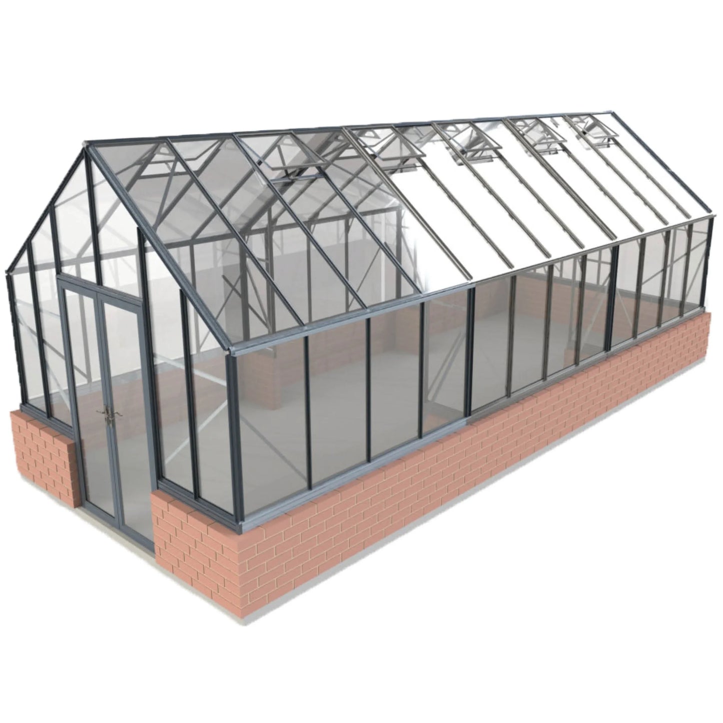 10x24ft glass greenhouse with metal frame and brick lower walls, multiple roof vents