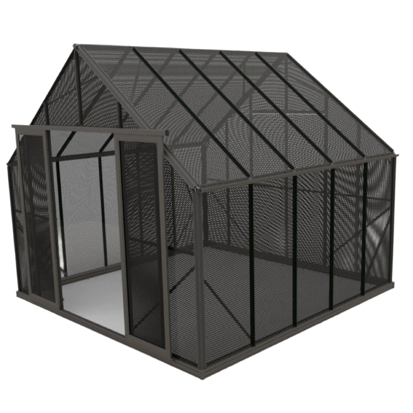 10x10ft black metal mesh shade house with pitched roof and open doorway