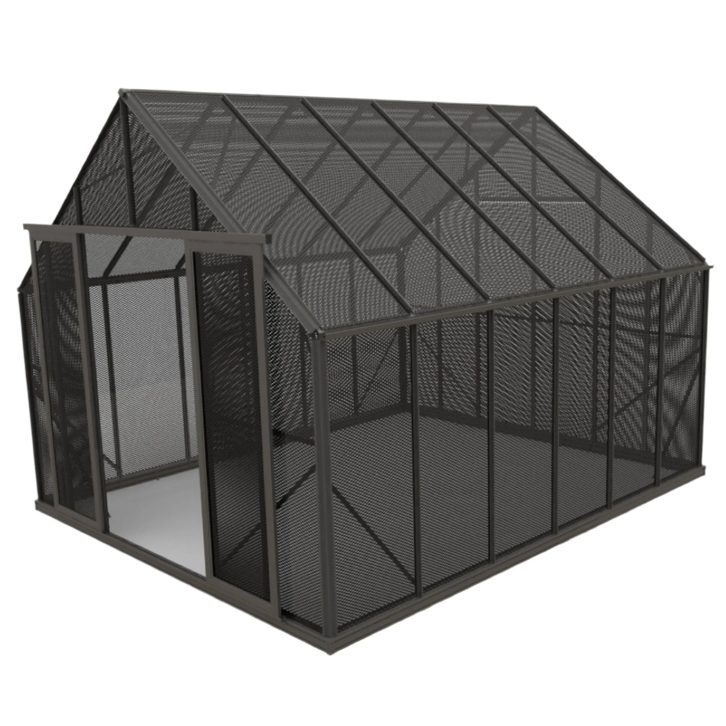 10x12 ft mesh shade house with metal frame and open door, ideal for gardening and plant protection