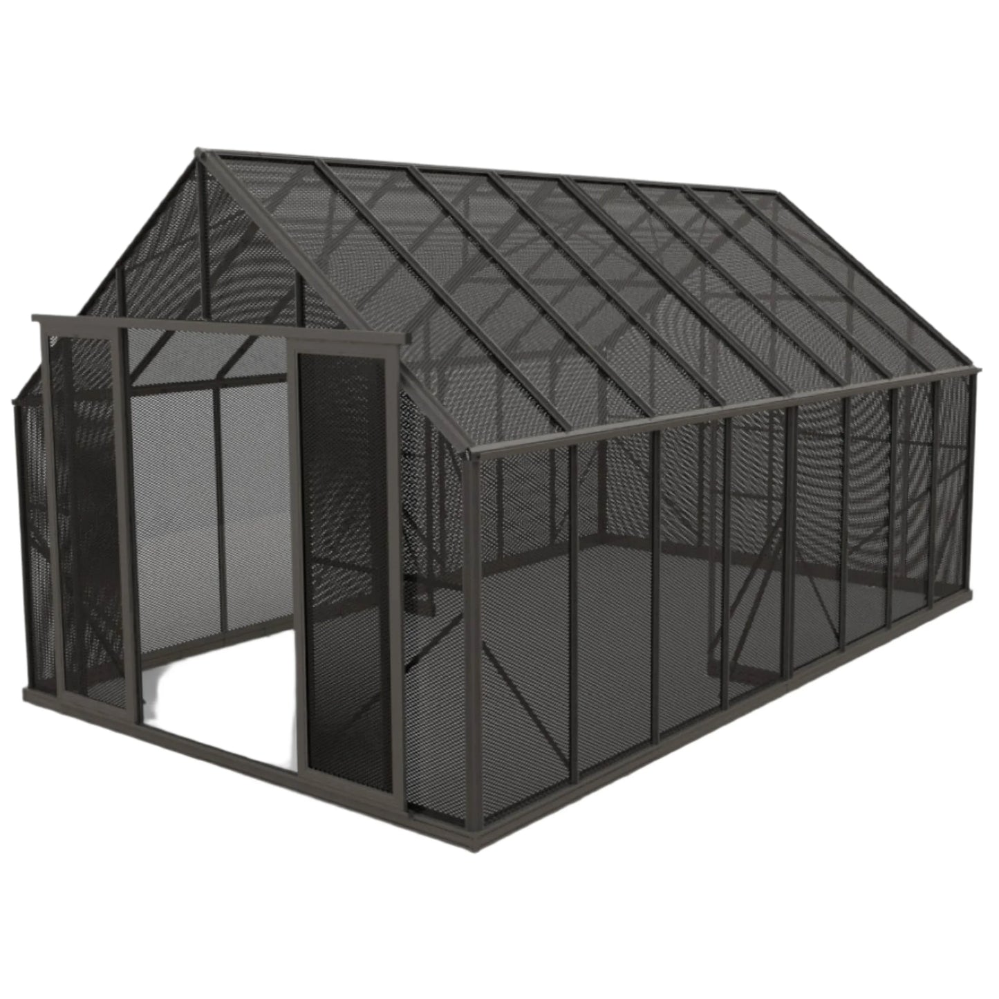 10x16ft mesh shade house with dark metal frame and mesh panels, open doorway, angled roof