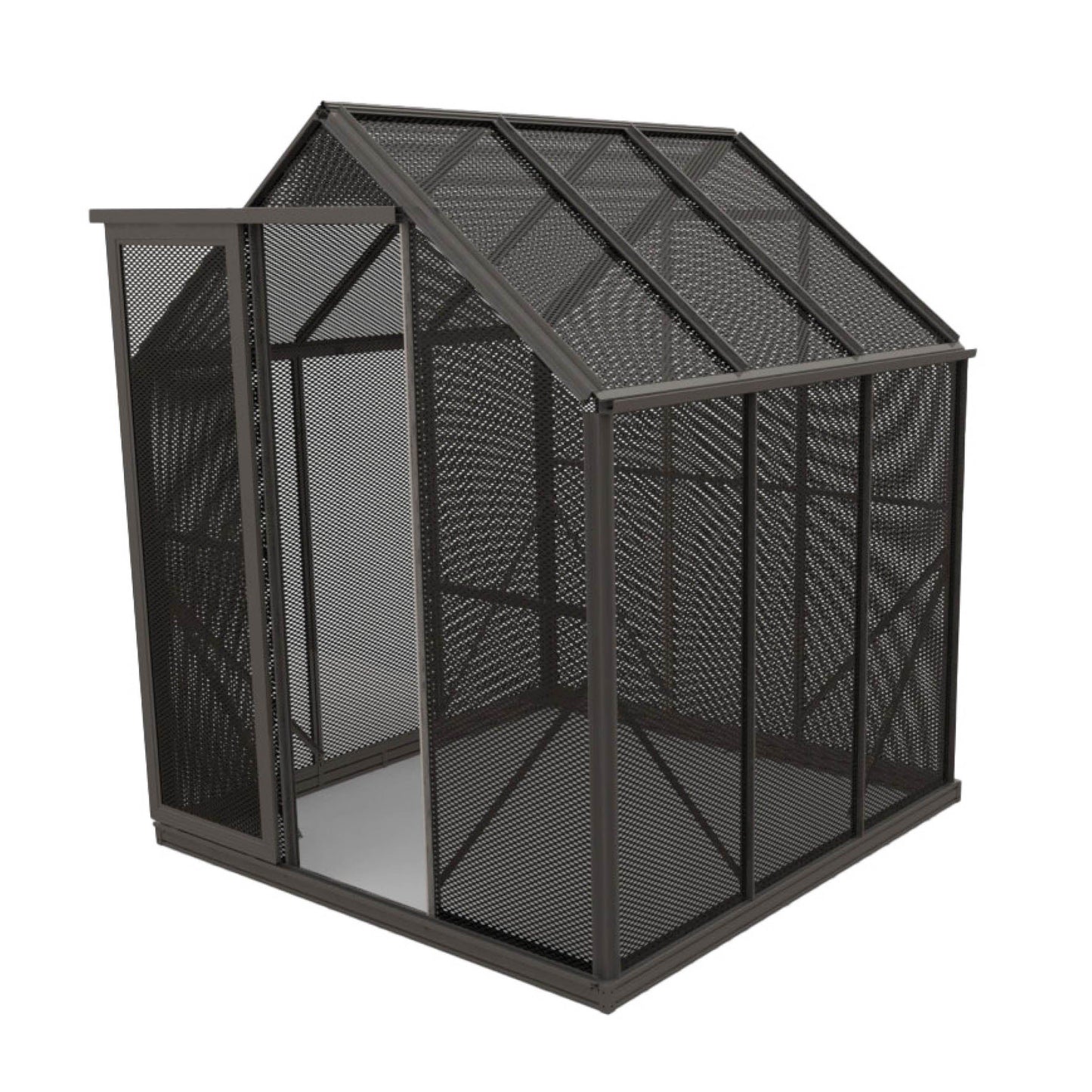 6x6 ft black metal mesh shade house with slanted roof and open front door