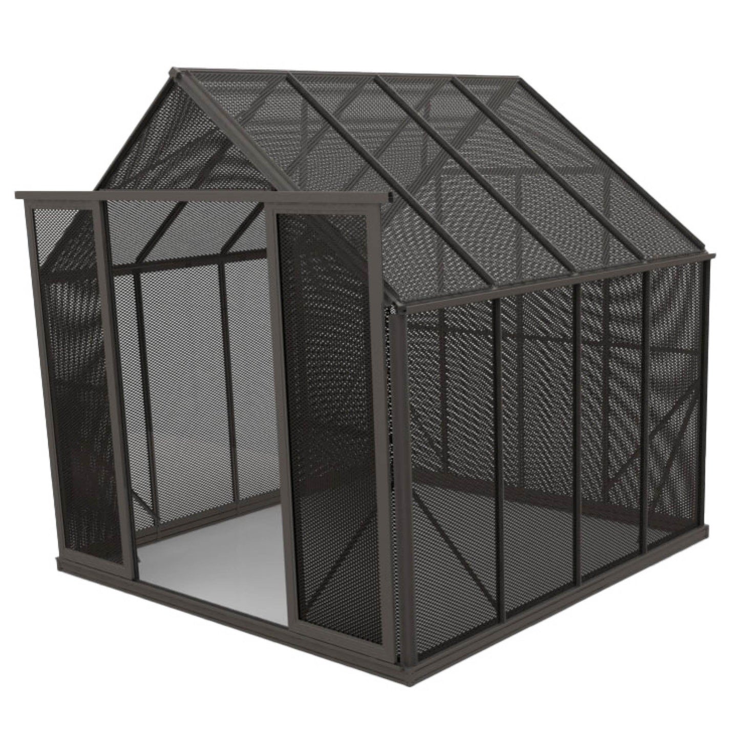 6x8ft black mesh shade house with peaked roof and open door on white background