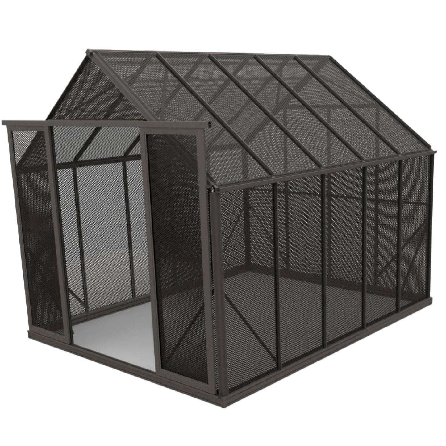 8x10ft metal mesh shade house with open door, black frame, for gardening or storage
