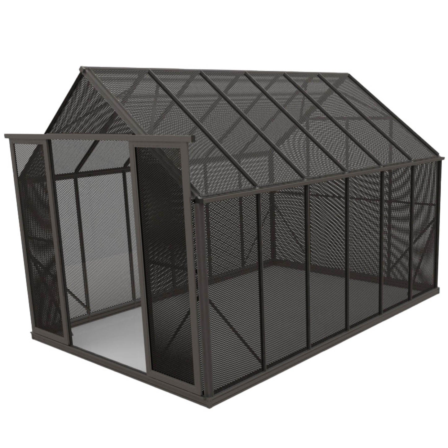 8x12ft black mesh shade house with pitched roof and open entry