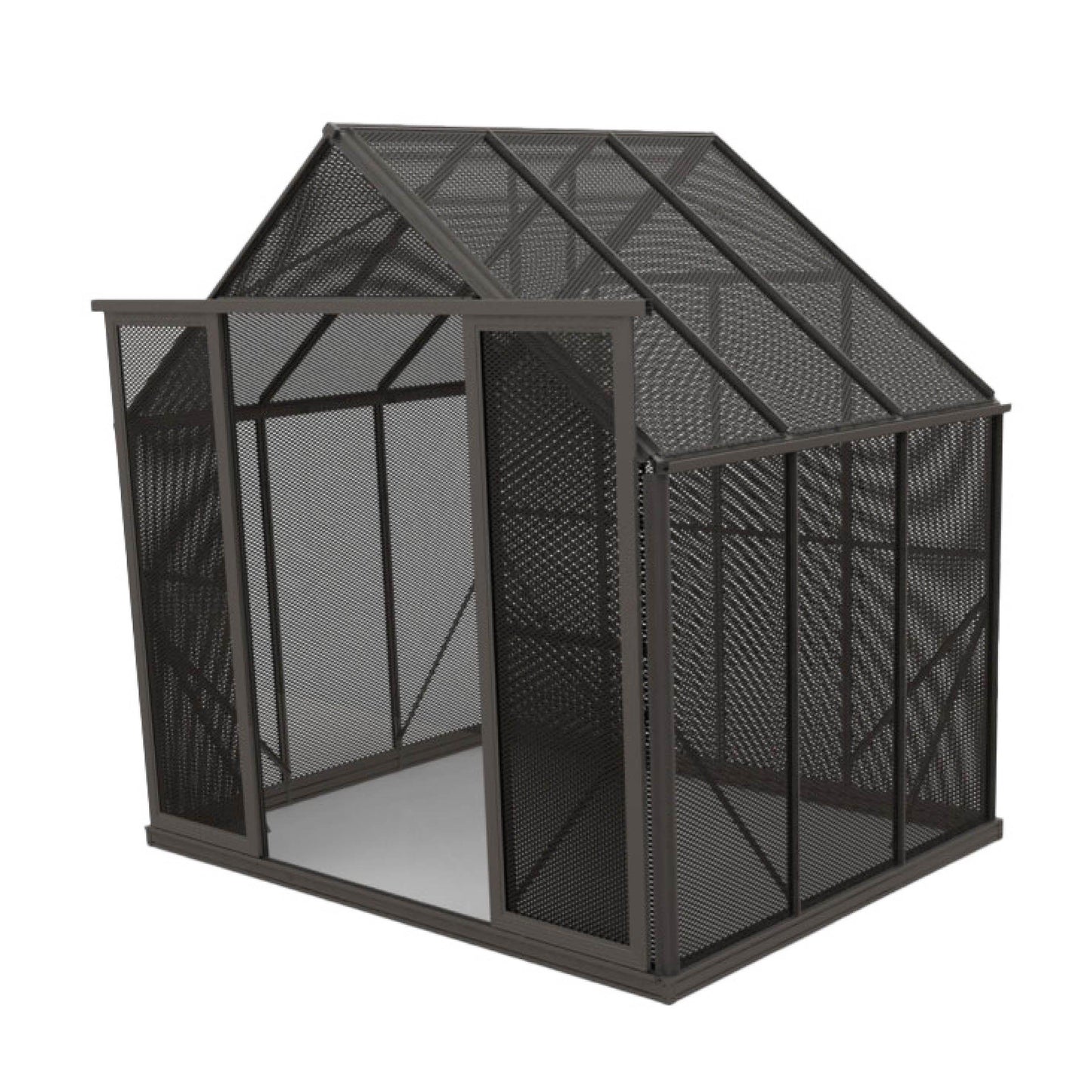 8x6 ft black mesh shade house with pitched roof and open entrance
