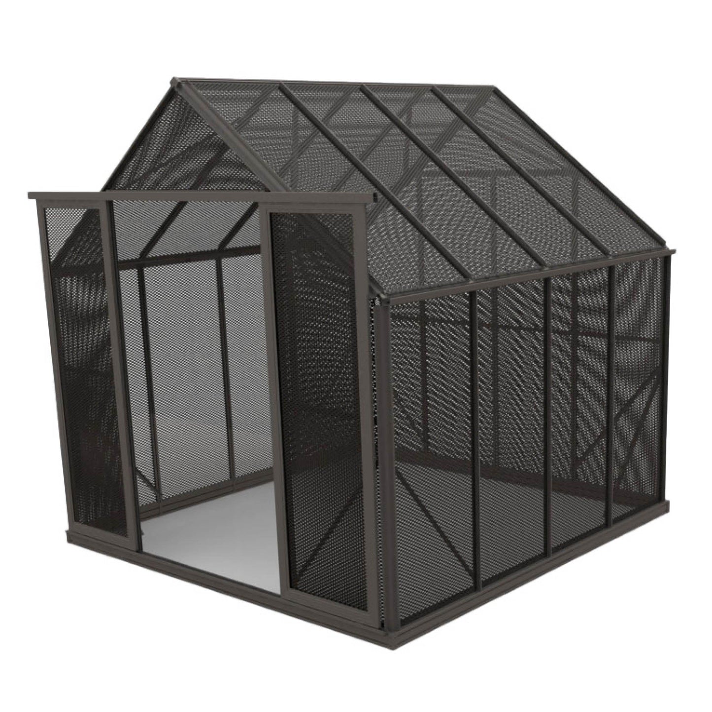 8x8 ft black metal mesh shade house with gable roof and sliding door