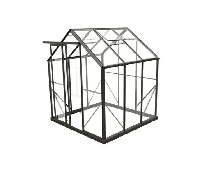 Small modern glass greenhouse with metal frame isolated on white background