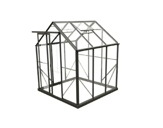 Small modern glass greenhouse with metal frame isolated on white background