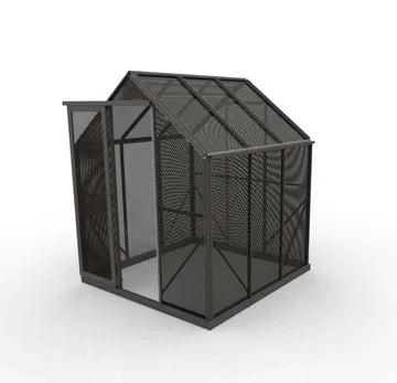 6x6 ft black mesh shade house with a slanted roof and single door on white background