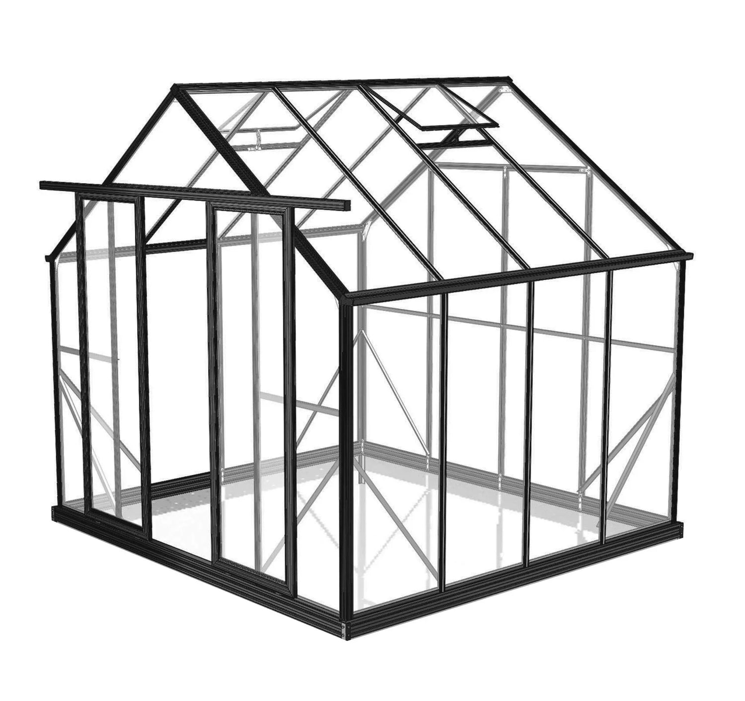 Modern black metal frame greenhouse with transparent glass panels and roof vent