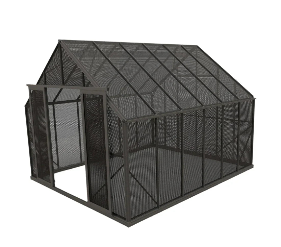 Black mesh shade house with gable roof and open double entrance door