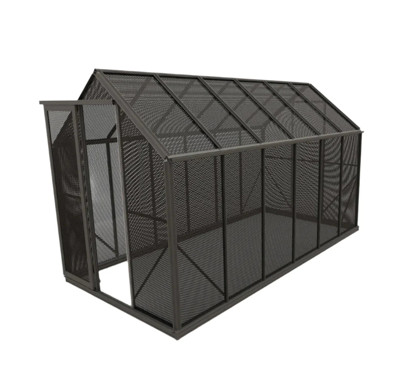 6x10ft dark metal mesh shade house with pitched roof and open door
