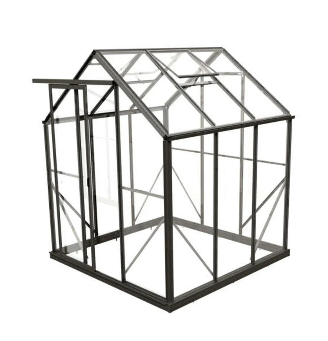 Small glass greenhouse with metal frame and open side door