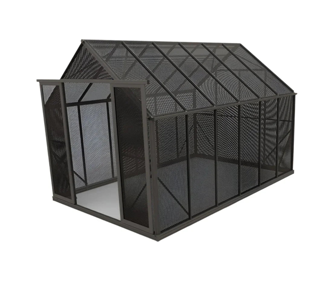 8x10ft black metal mesh shade house structure with open doorway on white background