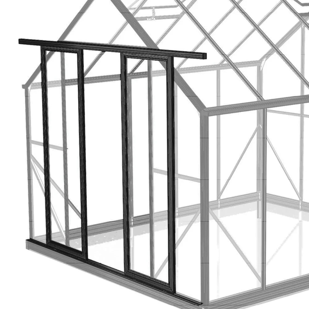 Black sliding glass door frame installed on transparent greenhouse structure