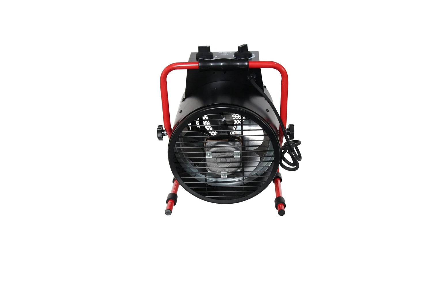 Black industrial electric fan heater with red metal frame and protective front grill