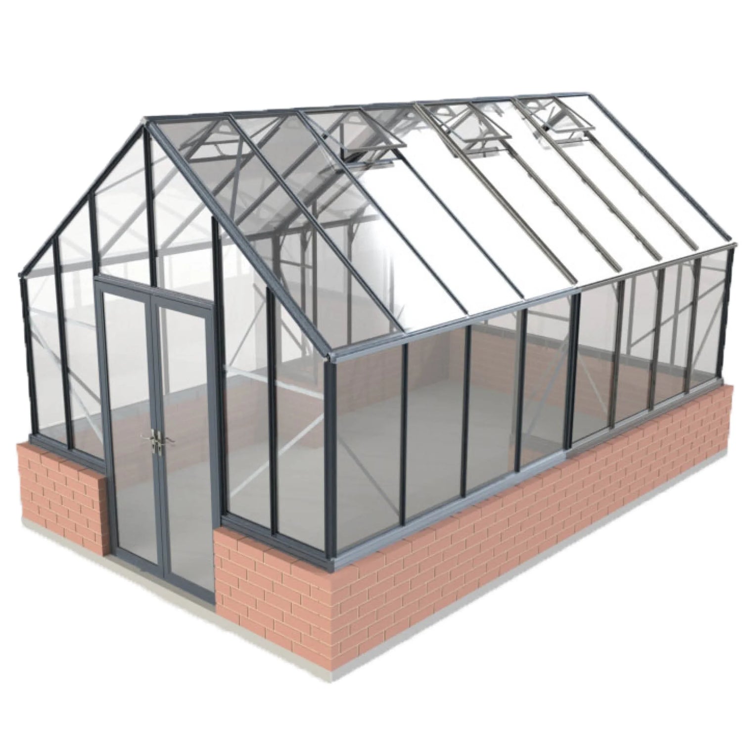10x16ft glass greenhouse with black metal frame and brick base, pitched roof with vents