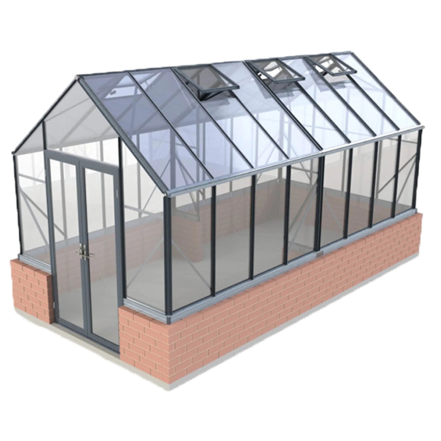 8x16ft Elite greenhouse with clear glass panels, black metal frame, and red brick base